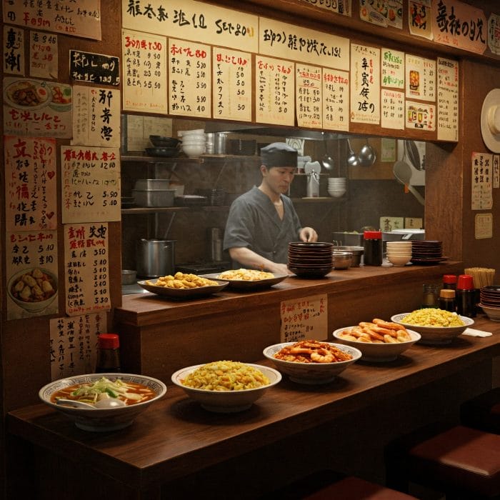 日本の町中華の店内と定番メニュー（ラーメン、餃子、エビチリなど）
