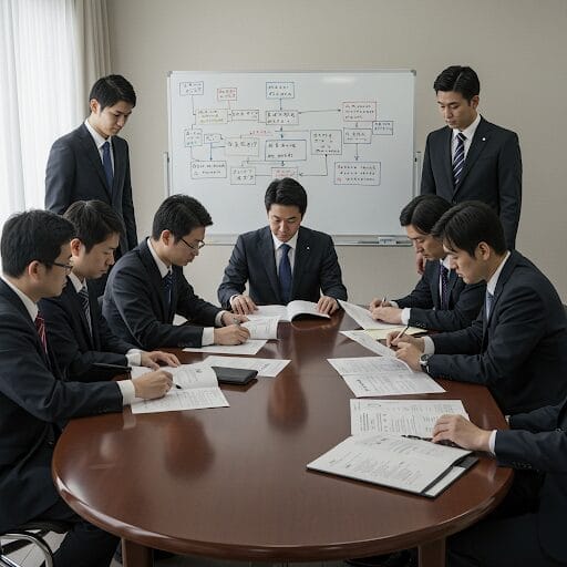 会議室で真剣に話し合いをする日本のビジネスパーソンたち