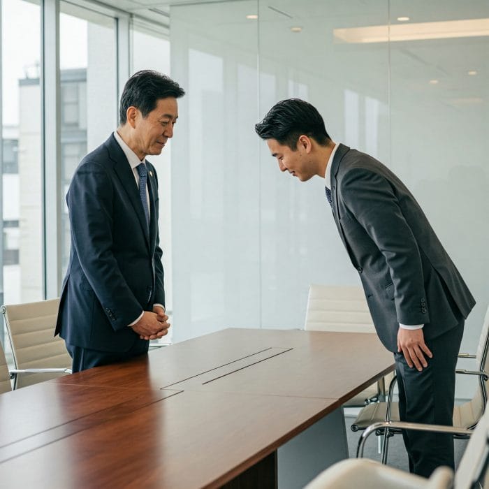 部下が上司に丁寧にお辞儀をして「早上好」と挨拶するシーン