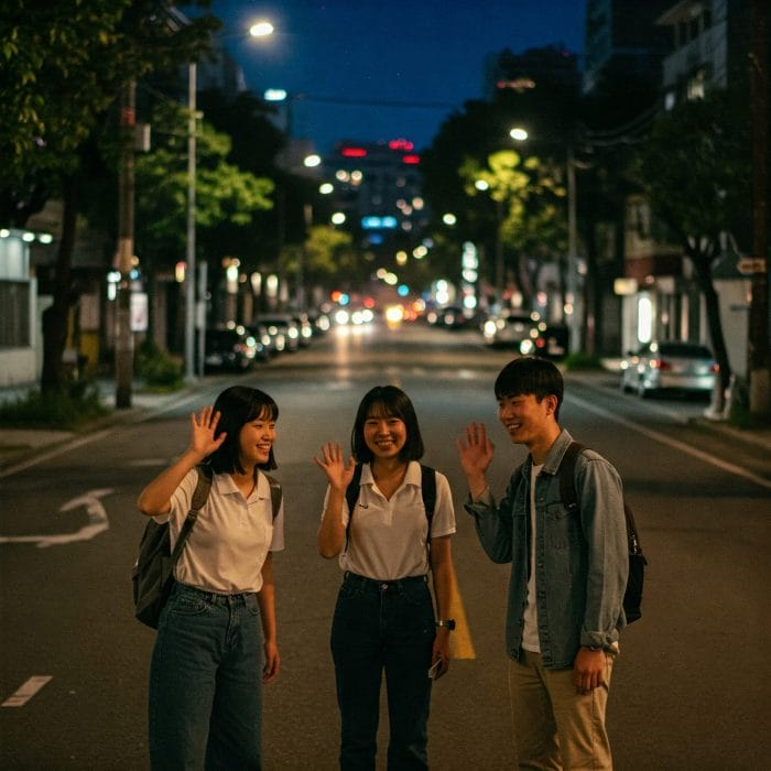 友人同士が夜景を見ながら別れを惜しむ、またはバイバイしている