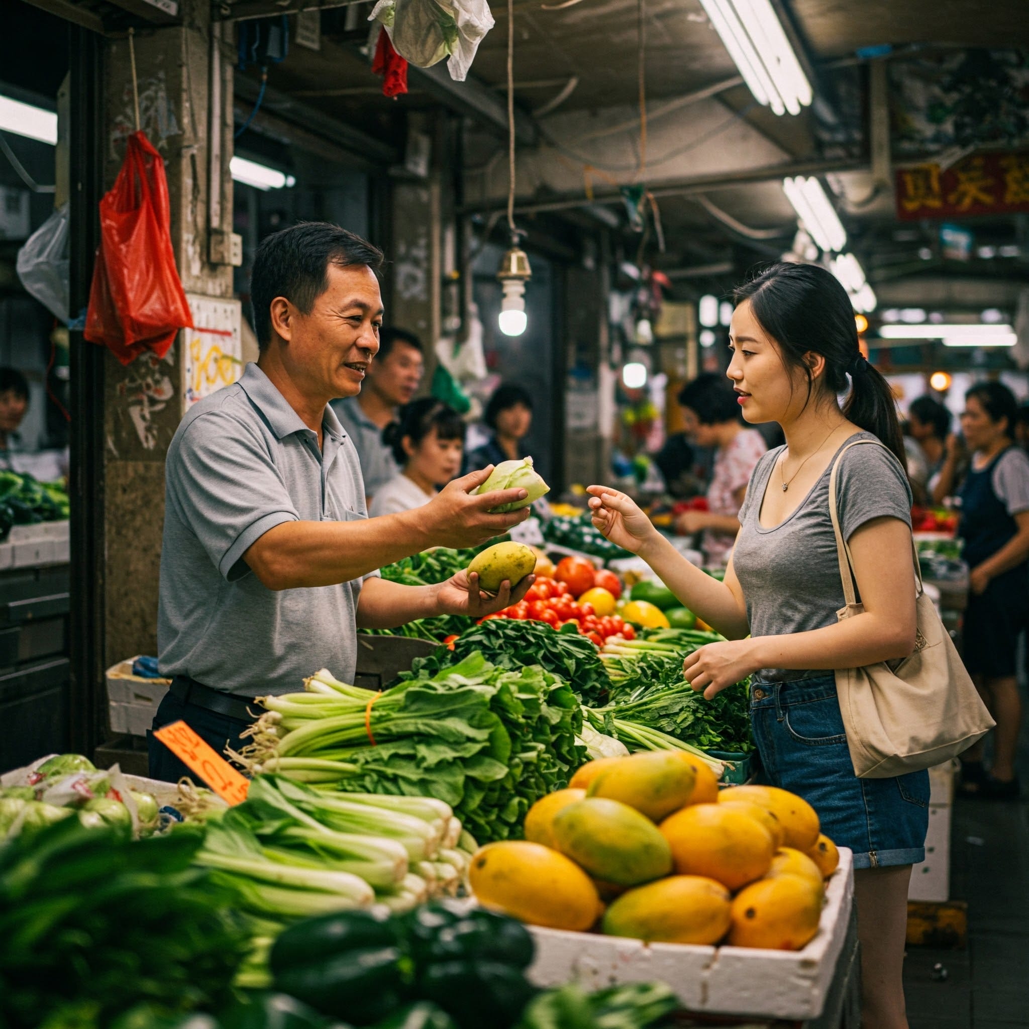 蛍光灯の下、さまざまな果物や野菜に囲まれた賑やかな屋内市場で、男性と女性が農産物を交換しています。.