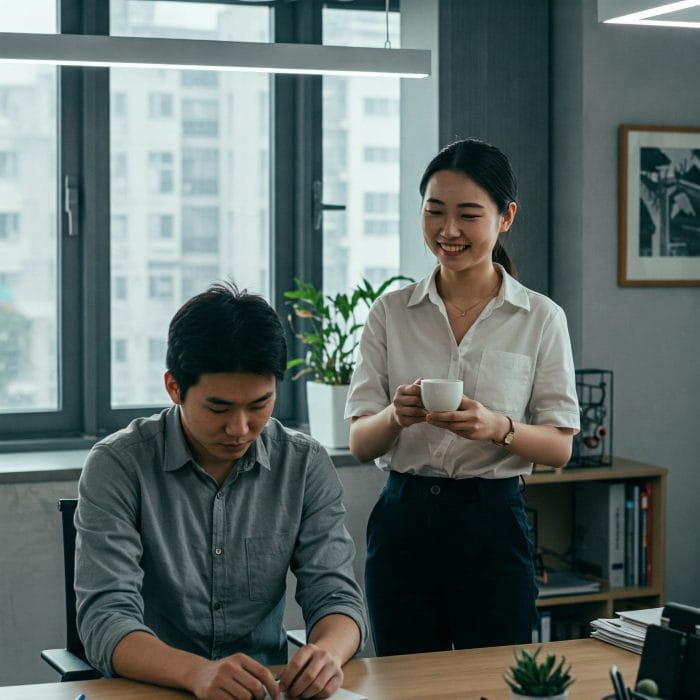 オフィスで同僚同士がハイタッチしたり励まし合うシーン