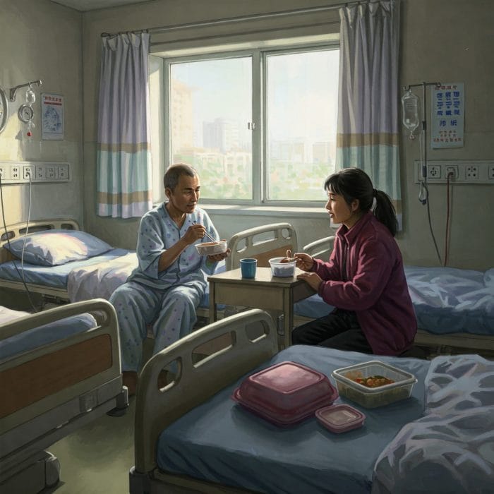 中国の病院の病室で家族が持ち込んだ食事を食べる患者