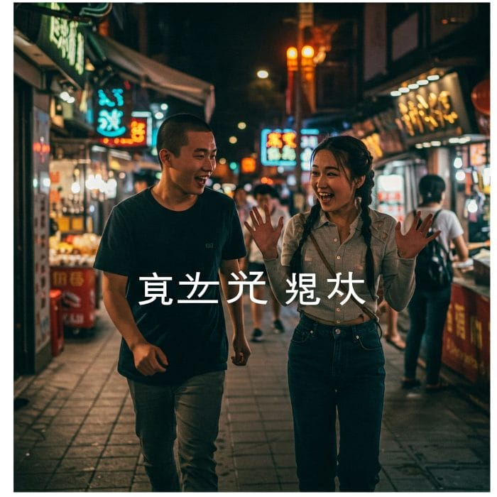 友人同士が夜道で会い「嘿！」と挨拶するシーン