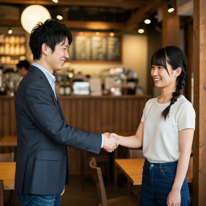 笑顔で握手をしている二人