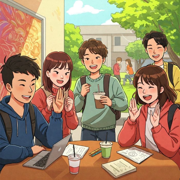 カフェで若者がカジュアルに挨拶するイラスト