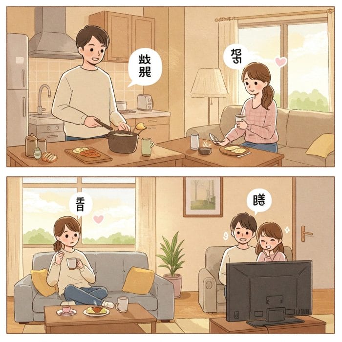 家でリラックスしてお互いを呼び合うカップルのイラスト