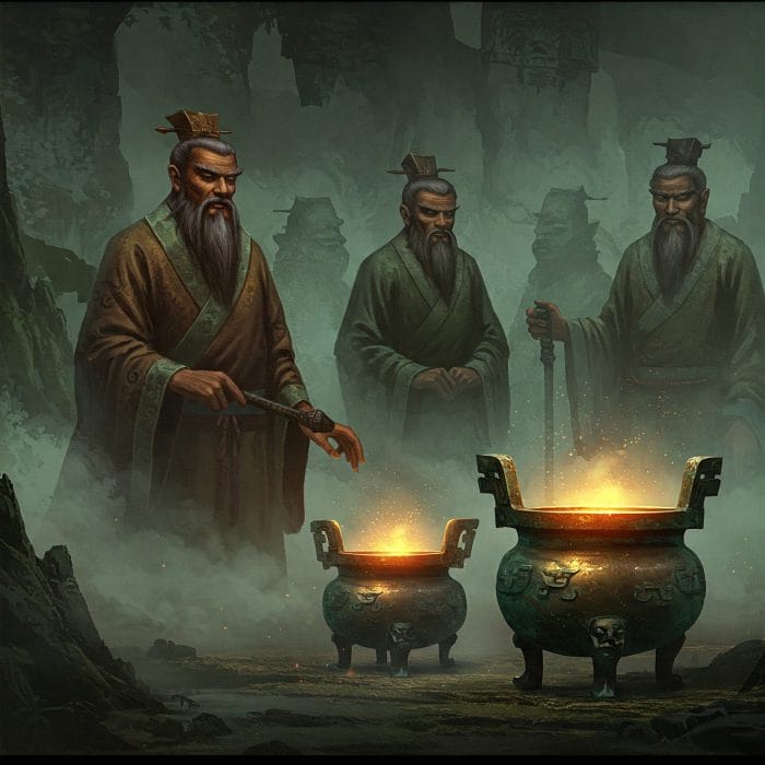 霧の中に立つ古代遺跡と伝説上の人物