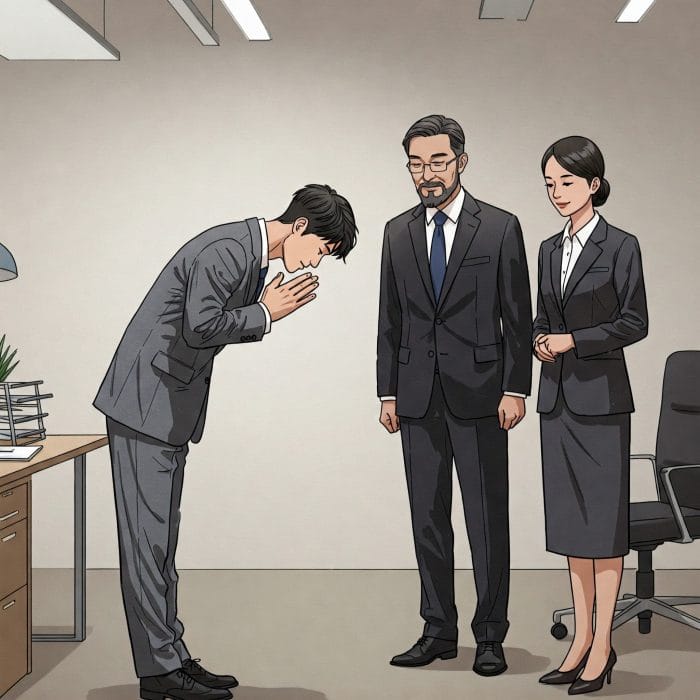 オフィス環境で、部下が上司に丁寧な中国語の挨拶「您早」をしながら軽くお辞儀をしている、ビジネスシーン