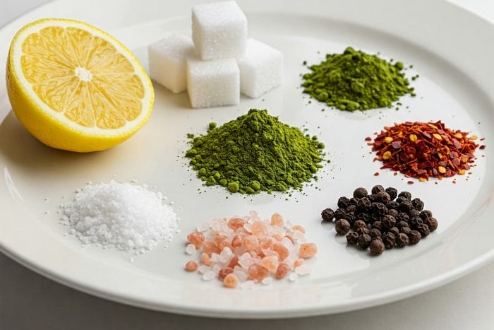 白い背景に、中国語の五つの味覚（酸甜苦辣咸）を象徴する食材が美しく配置されている。レモン（酸）、カラフルな飴（甜）、ゴーヤ（苦）、唐辛子（辣）、結晶塩（咸）。味覚の多様性を視覚的に表現。