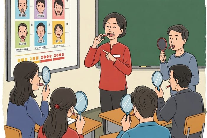 ヘッドフォンをした学習者が、口の形を意識しながらピンインの発音練習をしている様子。横にはピンインと声調のチャート図。