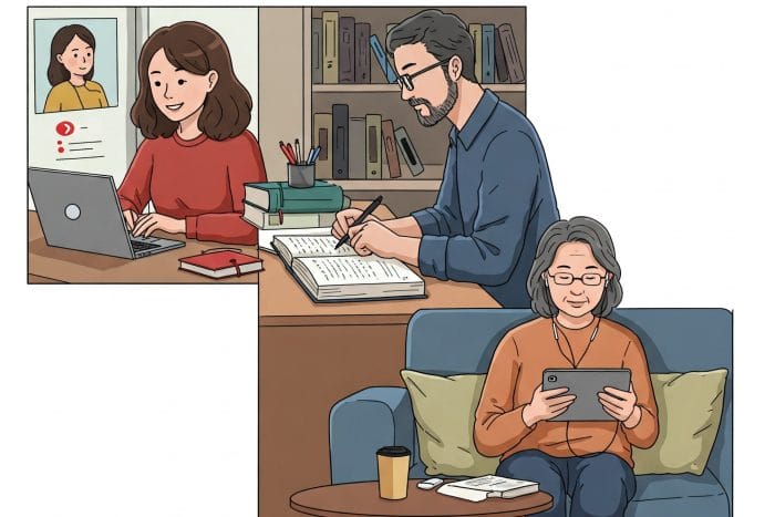 様々な年代の学習者がそれぞれの方法で中国語を勉強しているモンタージュ風の画像。