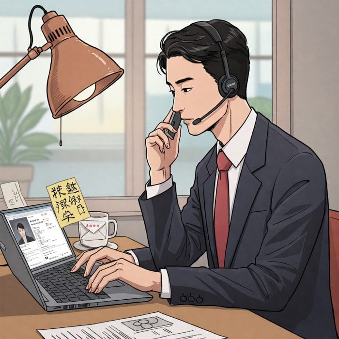 オフィスデスクで、ヘッドセットをつけてPC画面を見ながら、穏やかな表情で電話対応をしている女性。