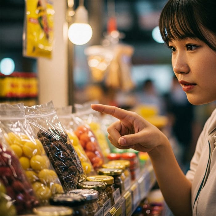 お店で品物を指差して数を尋ねている人の手元