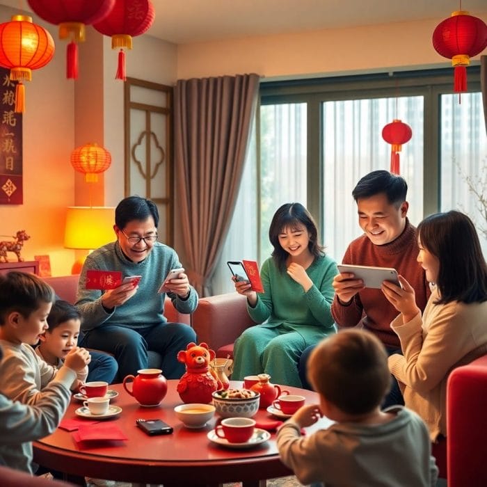 家族や友人とWeChatで新年の挨拶を送り合う様子