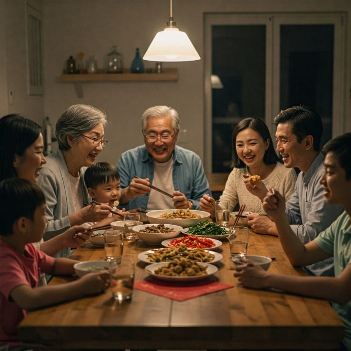 中国の大家族が食卓を囲んで楽しそうに食事している様子