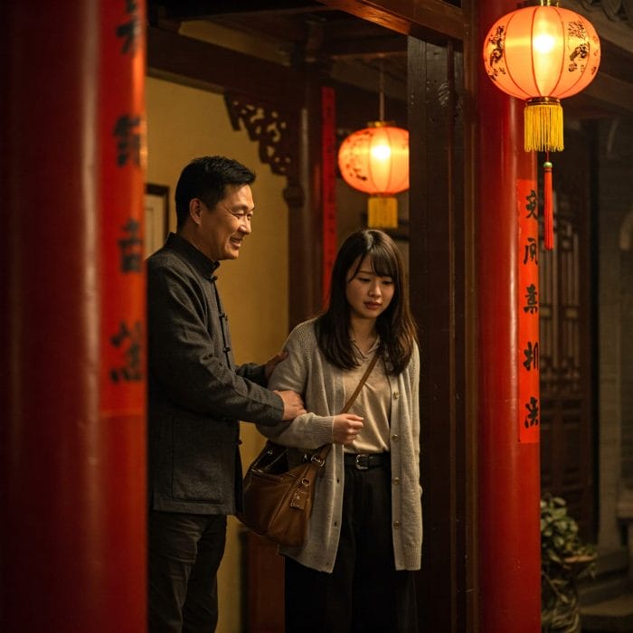 中国の家庭で、帰ろうとする客人をホストが笑顔で引き留めている様子