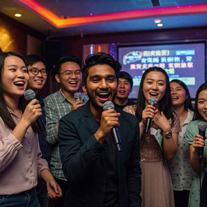 カラオケで友人たちと楽しそうに中国語の歌を歌っている様子