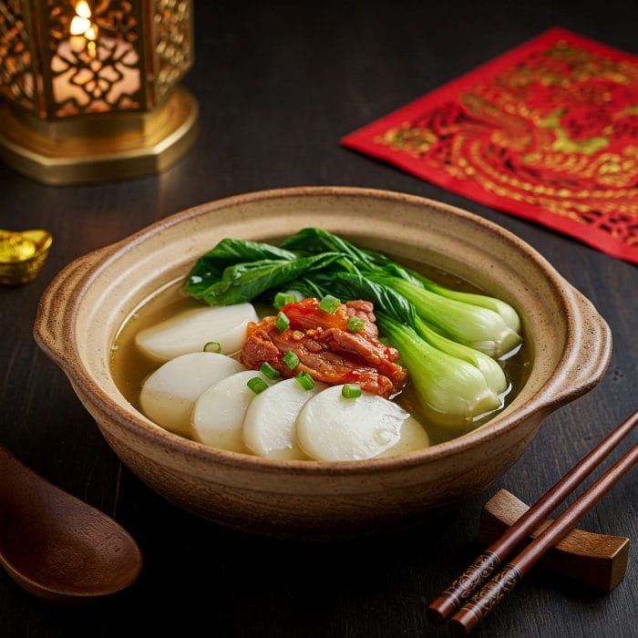 湯気が立つ美味しそうな年糕スープ