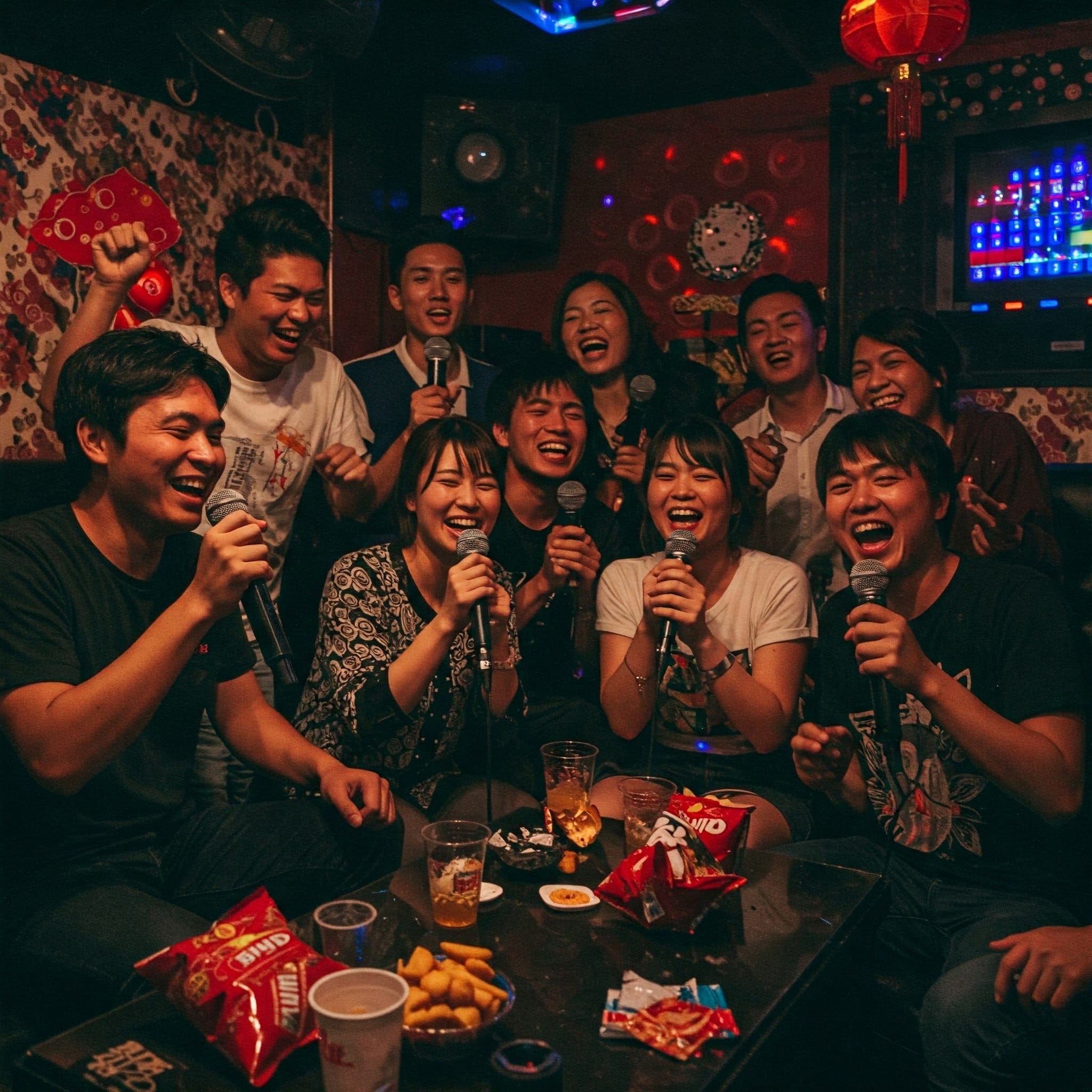 カラオケボックスでマイクを持つ若者たち