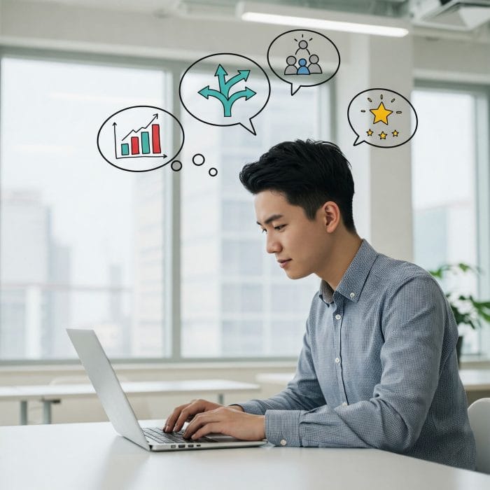 ノートパソコンで作業しキャリアアップを考える若手社員