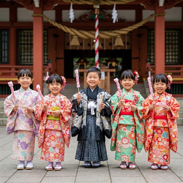 七五三詣りで晴れ着を着た子供たち