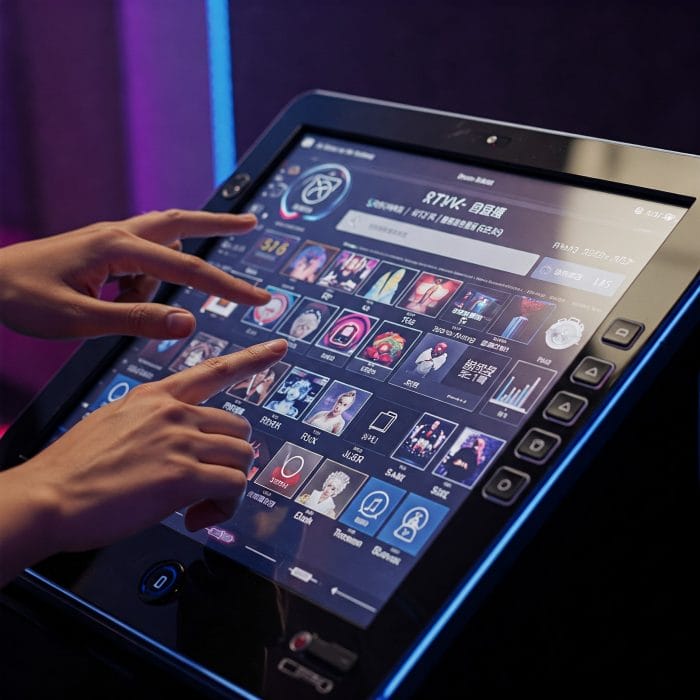 KTVのタッチパネル式デンモクを操作する手元