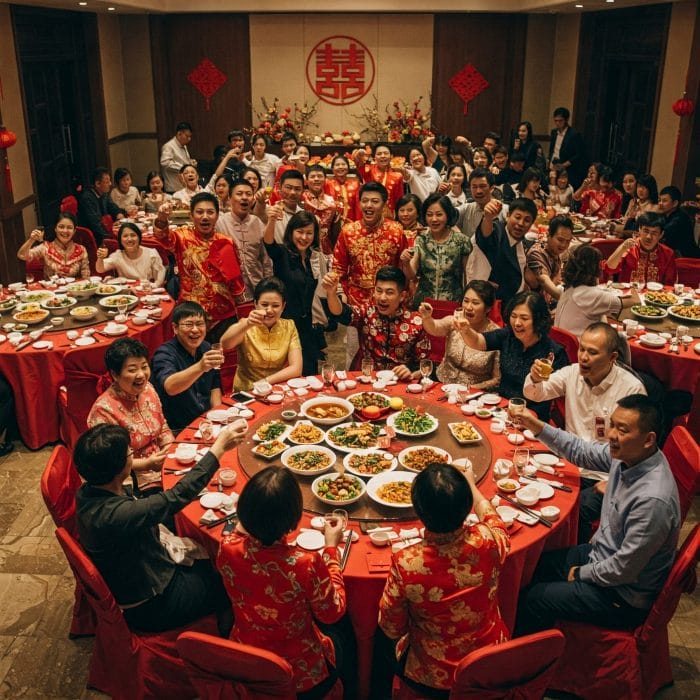 中国の結婚披露宴（婚礼喜宴）でゲストたちが楽しんでいる様子