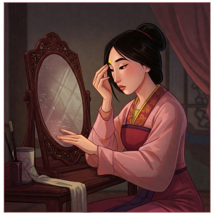 鏡の前で額に花黄を施すムーランのイラスト