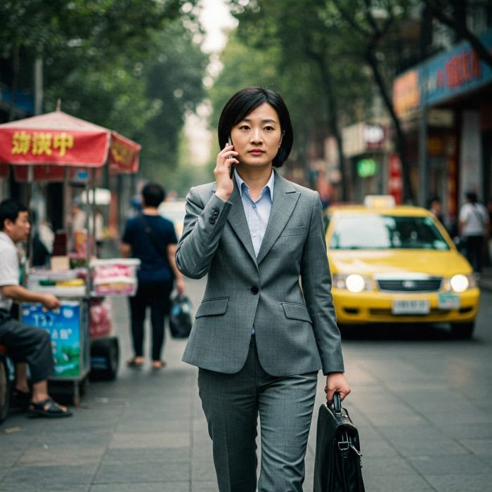 活気ある中国の街を歩く現代的な中国人女性