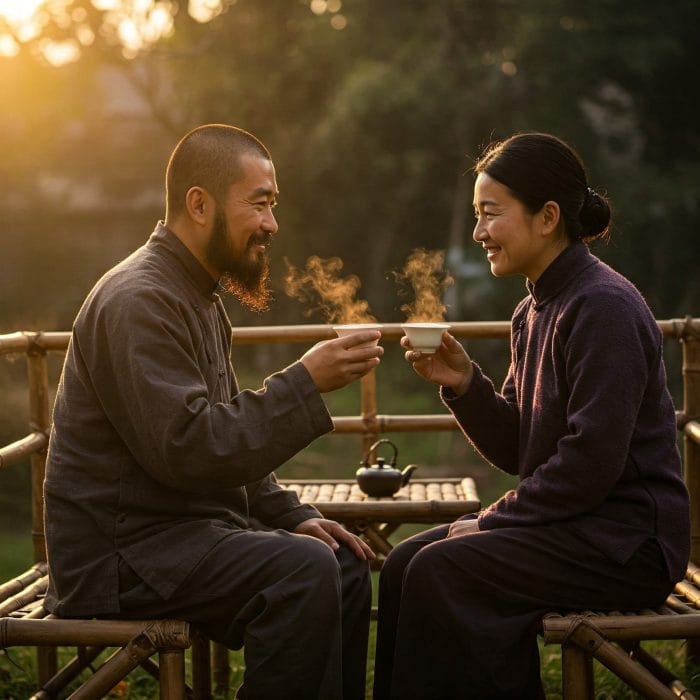 お茶を飲みながら親密に語り合う二人