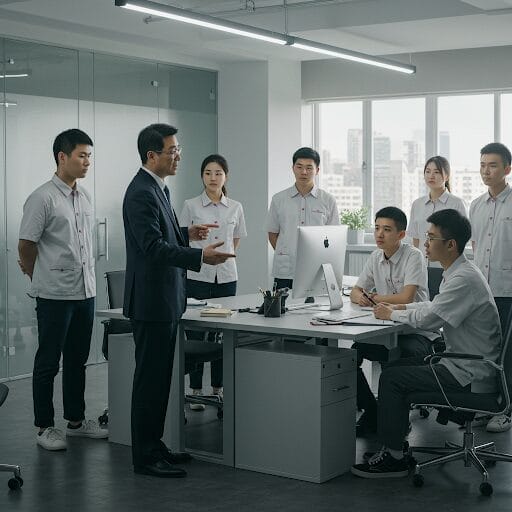 オフィスの中心で部下に指示を出す中国企業のリーダー