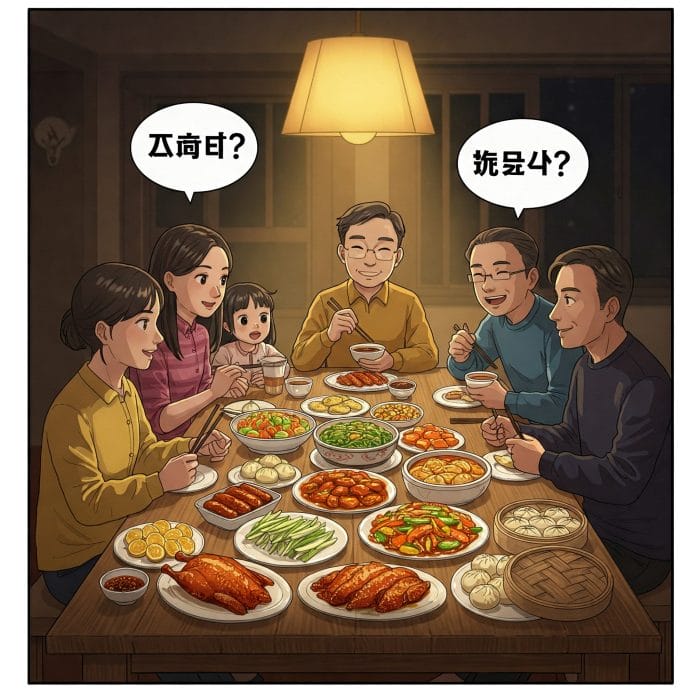 食卓で「ご飯食べた？」と尋ね合う人々のイラスト