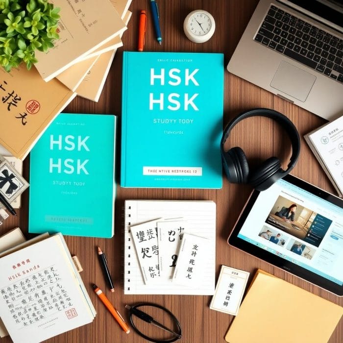 HSK学習のための教材やツール（ノート、単語帳、ヘッドフォンなど）