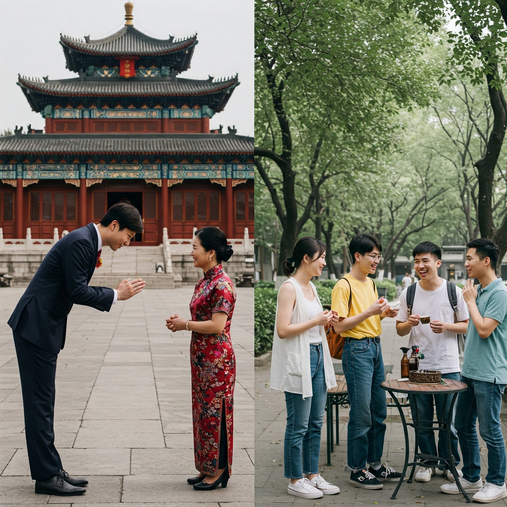 画像は分割されており、左側では2人が伝統的な中国の建物の前でお辞儀をしており、右側では5人の若者が公園の屋外テーブルを囲んでおしゃべりしたり笑ったりしている。.