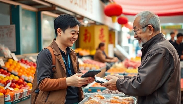 買い物客が店主と電卓を見ながら値段交渉している様子
