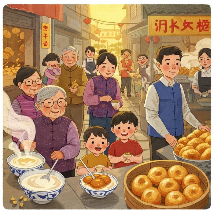 屋外マーケットのような場所で、人々が中国語の挨拶の後、和やかに会話を続けている様子、活気のある雰囲気、「吃饭 (chīfàn)」を連想させる食べ物が少し見える