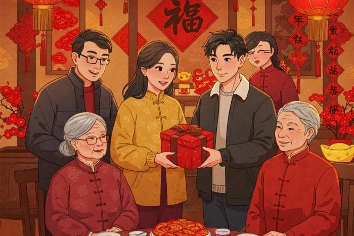 中国の伝統的な装飾が少し見える家庭のリビングで、穏やかな表情の年配の女性（おばあさん）が、若い女性（孫娘）にお茶を淹れて手渡している。