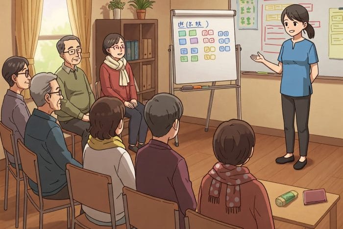 語学クラスや交流会で、一人の日本人学生が前に立ち、少し緊張しながらも「大家好,我叫... 」と自己紹介をしている。