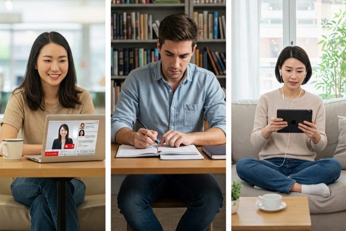 言語交換カフェやオンライン交流会のような場面で、日本人学習者と中国人ネイティブスピーカーが、和やかに、時にジェスチャーを交えながら楽しそうに会話している様子。