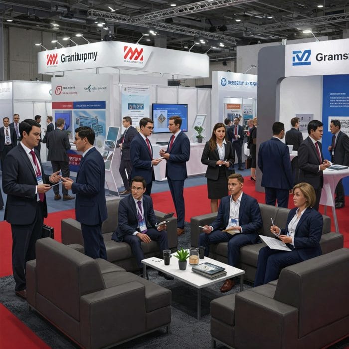 ビジネス交流会やレセプションのような立食形式の場で、異なる会社の名刺を持った人々が、グラスを片手に談笑したり、名刺交換したりしている様子。