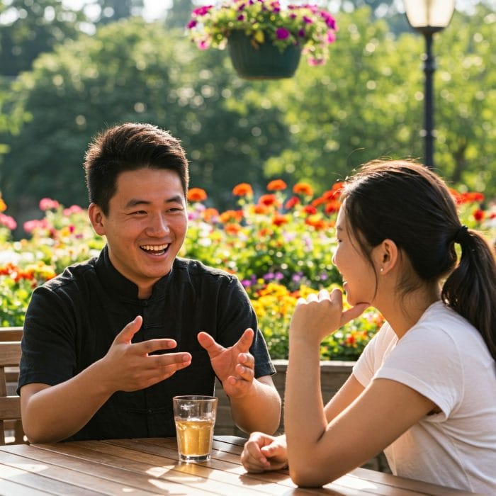 カフェで会話する二人