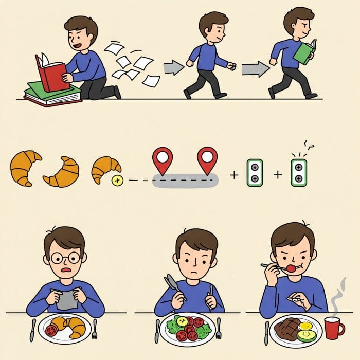 本を読む、往復する、食事するなど反復動作のイラスト