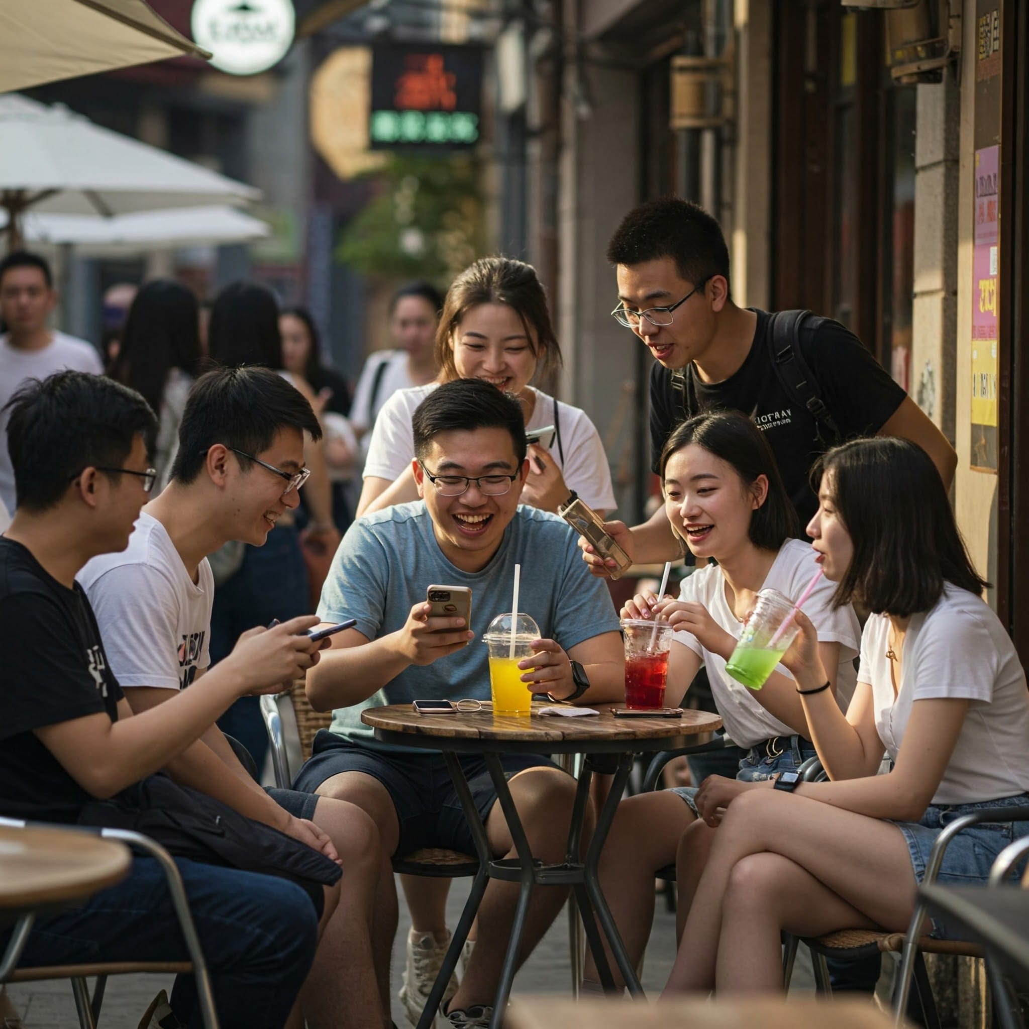 7人の若者が屋外のカフェのテーブルに座り、笑ったりスマートフォンを見たりしている。テーブルの上には色とりどりの飲み物が置かれ、背景には賑やかな通りが広がっている。.