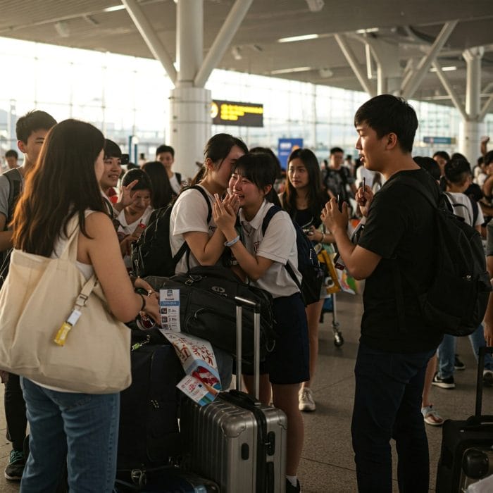 空港でWeChatのQRコードを交換し、手を振って別れる若者たち