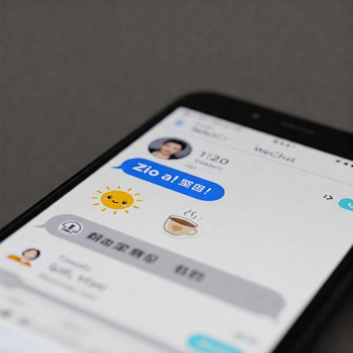 スマートフォンのWeChat画面に「早啊！」というメッセージと可愛いスタンプが表示されている
