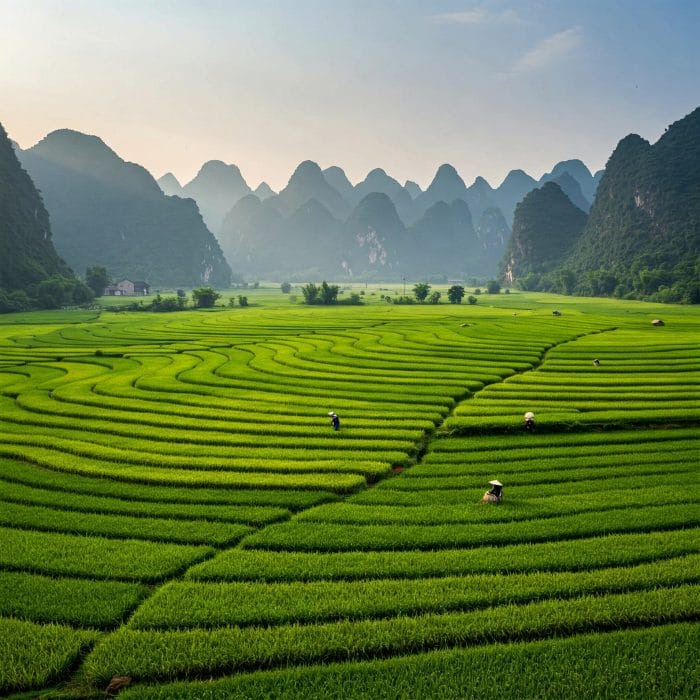弋陽県の山間にある緑の水田風景