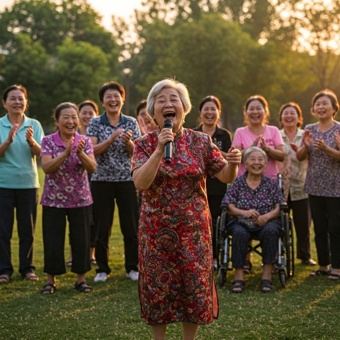 公園で開かれている地域のカラオケ大会で歌う高齢者