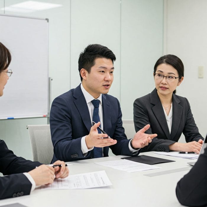 会議室で和やかに話す日本人と中国人のビジネスパーソン