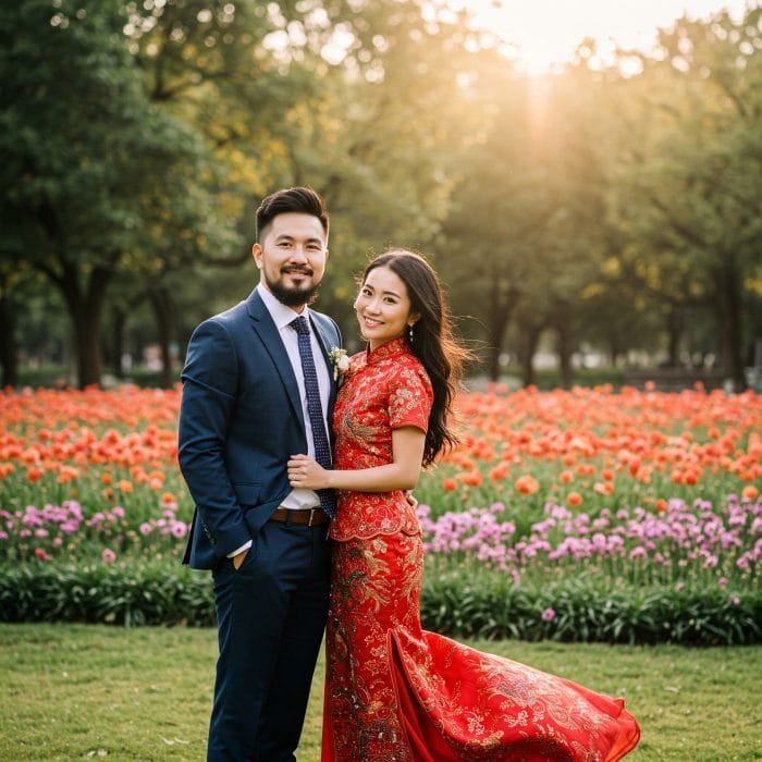 屋外の美しいロケーションで結婚式の前撮り写真(婚纱照)を撮影しているカップル